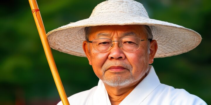A man wearing a straw hat and glasses is holding a stick. He looks tired and is wearing a white shirt