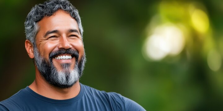 A man with a beard and gray hair is smiling and looking at the camera. He is wearing a blue shirt