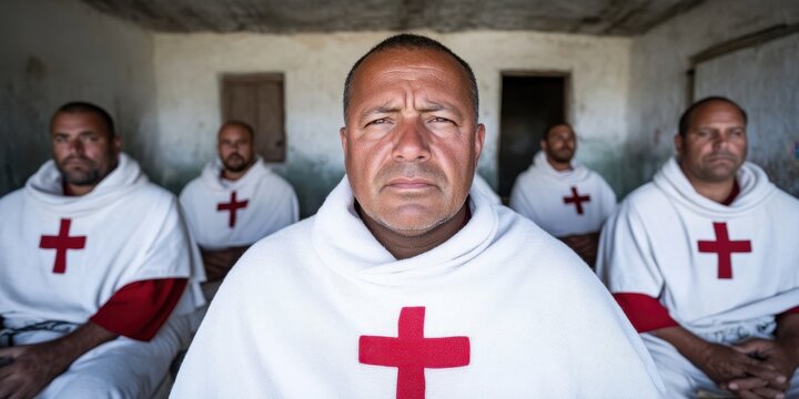 A man wearing a white robe with a red cross on it stands in front of four other men wearing white robes