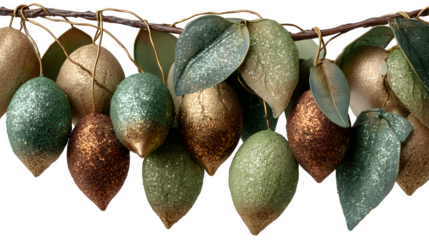 Glittering vintage christmas ornaments on branch isolated on white background