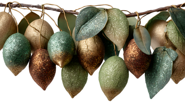 Glittering vintage christmas ornaments on branch isolated on white background