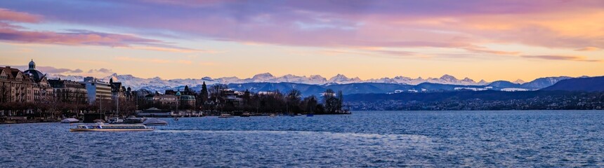 Lake Zurich with scenic snow covered Swiss Alps in Zurich, Switzerland