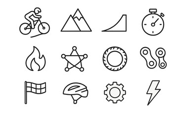 Adrenaline Cycling Icons. Adrenaline cycling. Line icon set of adrenaline cycling: biker jumping, mountain, ramp, stopwatch, flame, star, tire, chain, flag,