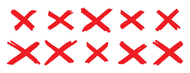 Obraz premium Red cross X mark set. Hand drawn delete symbols collection. Cancel and wrong icons for UI design vector