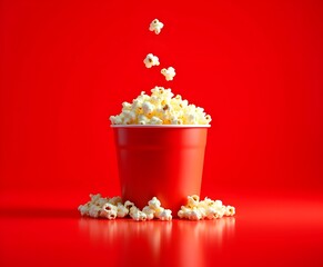Popcorn Spilling from Bucket on Red Background