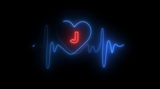 Neon Heartbeat EKG Line with Letter J in Red and Blue Neon electrocardiogram love