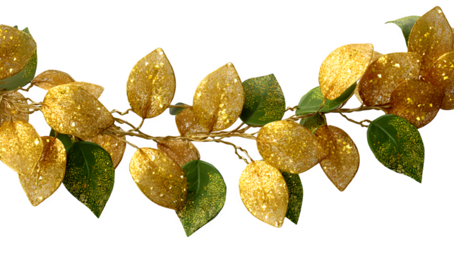 Golden leaf garland on black isolated on white background