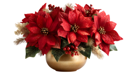 Red Poinsettia Arrangement in Gold Vase isolated on white background