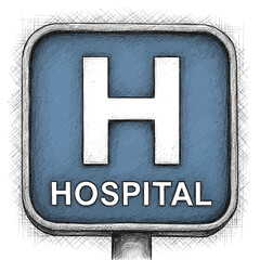 Stylized Hospital Sign Illustration in Blue and White Artistic Design