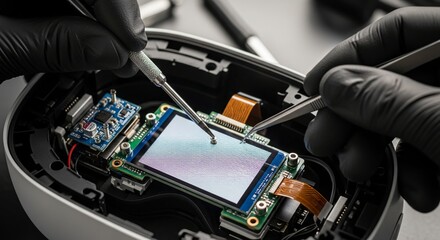 Precision tools at work when person finely adjusts VR headset display module for immersive technology use