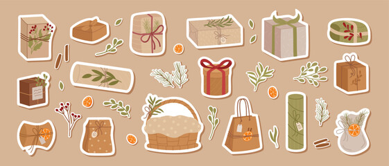 Flat kraft gift box sticker collection in modern trendy style. Present and package label bundle in soft beige and green. Set of xmas box gift sticker for festive use.