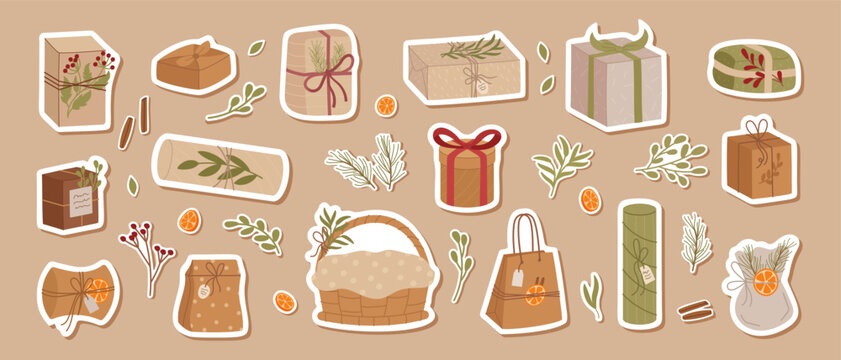 Flat kraft gift box sticker collection in modern trendy style. Present and package label bundle in soft beige and green. Set of xmas box gift sticker for festive use.