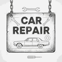 Vintage Car Repair Sign on Chains with Auto Service Components Sketch