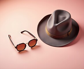 Flat Lay of Sunglasses and Hat on Pastel Surface