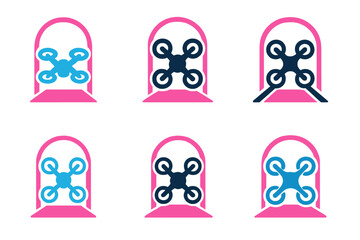 Obraz premium Drone Racing Logos. Drone racing. Set Logo of Drone racing: quadcopter through neon gate. harmonious logo variations of the same emblematic concept, each with