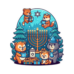 Fototapeta premium Adorable cartoon animals gather to celebrate Hanukkah, surrounded by a glowing menorah, festive gifts, and winter trees, embodying the spirit of the Festival of Lights