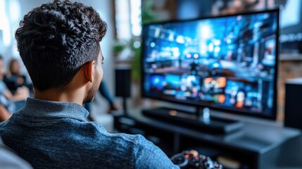 A man is watching television in a living room. The television is on a large screen and is displaying a video game. The man is sitting on a couch and he is enjoying the game