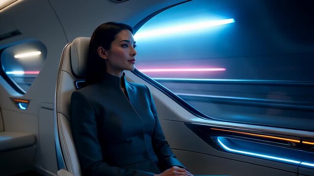 Futuristic hyperloop journey showing a professional East Asian woman traveling at high speed through a neon-lit tunnel.