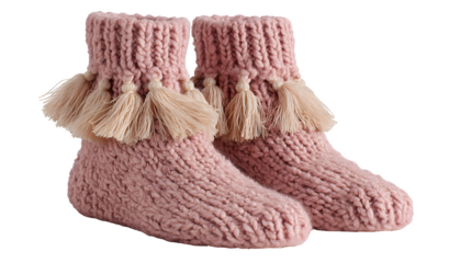 Cozy knitted socks with tassels isolated on white background