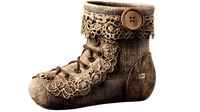 Handmade fabric baby bootie isolated on white background