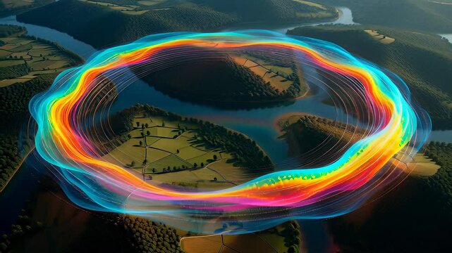 Vibrant hyperspectral data visualization forms a futuristic swirl above a scenic river landscape from an aerial perspective.