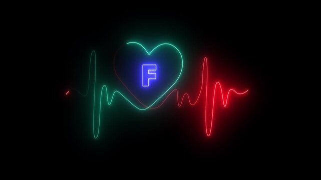 Neon Heartbeat EKG with Blue Letter F Inside Heart on Black Background electrocardiogram heart rate