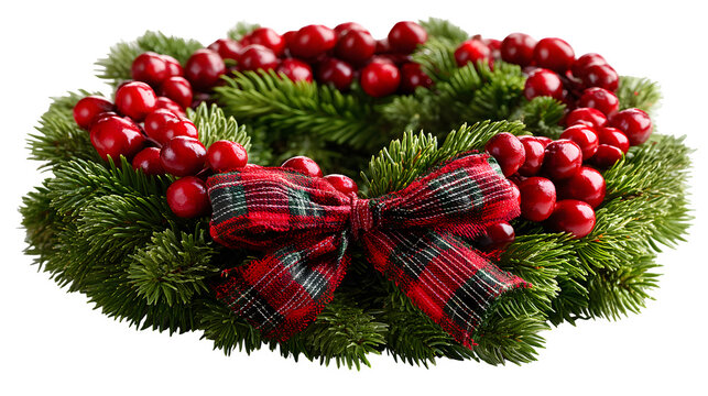 Christmas wreath with berries and bow isolated on white background - Powered by Adobe