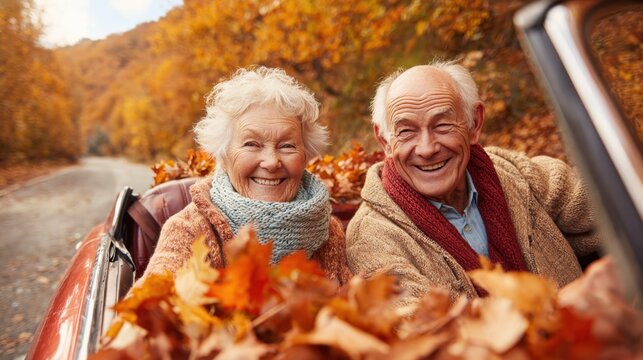 An elderly couple drives happily in a classic car along a picturesque road surrounded by vibrant fall foliage, celebrating the beauty of autumn together.