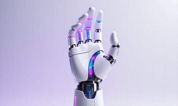 Futuristic white robotic hand reaching upwards with glowing neon lights on a clean gradient background.