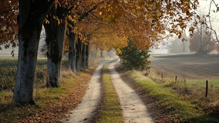 Naklejka premium Country dirt road lined with autumn trees and fog