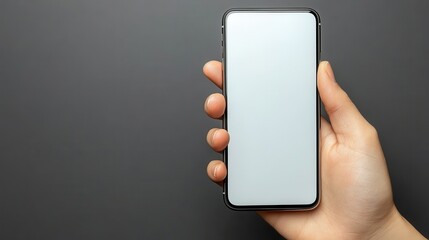 A hand holding a cell phone with a white screen. The phone is silver and the hand is holding it up