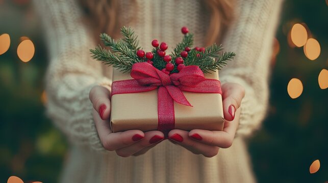 A woman is holding a brown box with a red ribbon on it. The box is decorated with red berries and pine needles, giving it a festive and joyful appearance. The woman's hands are wrapped around the box - Powered by Adobe