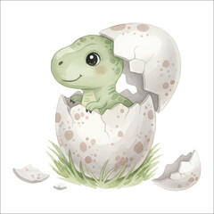 Watercolor baby dinosaur hatching vector isolated on white background dino egg hatch
