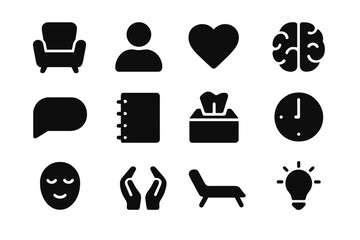 Therapy Icon Set. Therapy and counseling for mental well-being. Solid icon set of Therapy and counseling for mental well-being: therapist chair, client