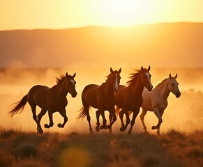 Aerial Photo of Wild Horses Running Across Open Plain