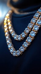 A gold and diamond necklace is on a black background. The necklace is long and has a lot of diamonds