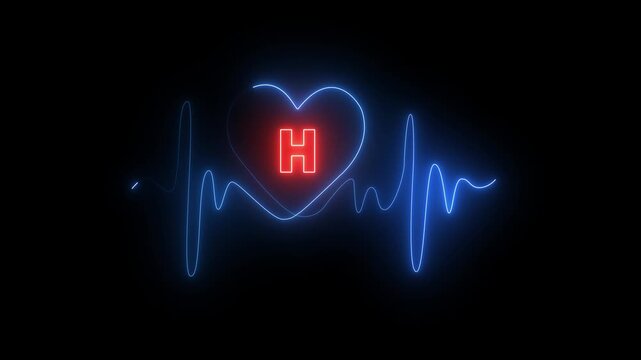 Neon heart with letter H and electrocardiogram pulse on black background heartbeat