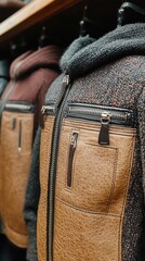 A brown and black jacket with a zipper pocket is hanging on a rack. The jacket is next to another jacket with a similar design