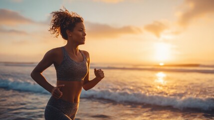 A woman runs along a beach at sunset, enjoying the cool breeze and view of the ocean. The sun casts a warm glow over the horizon, creating a peaceful atmosphere.