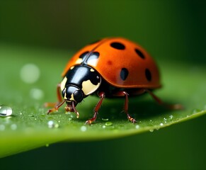 Macro Shot of Ladybug on Green Leaf with Water Droplets