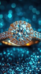 A beautiful diamond ring is displayed on a blue background. The ring is surrounded by a sparkling blue and gold setting, making it look even more elegant and precious
