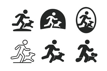 Joyful Pets Logos. joyful pets playing with their owners. Icon set. Set Logo of joyful pets playing with their owners: person running with dog in park.
