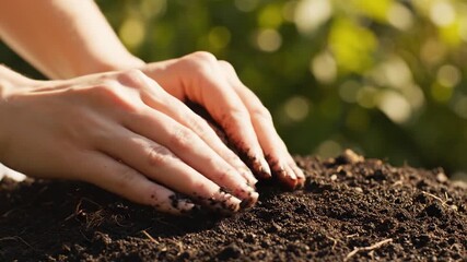 Hands plant seedling in fertile soil on sunny day close up outdoor gardening activity