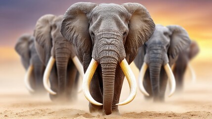 A group of elephants walking in the desert. The elephant in the middle is the largest and has the most prominent tusks
