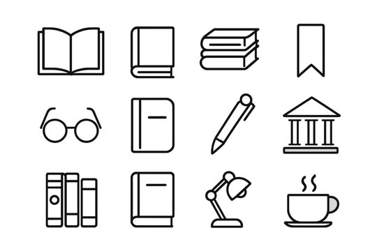 Reading Essentials Icons. Reading essentials set. Line icon set of Reading essentials set: open book, closed book, stack of books, bookmark, reading glasses,