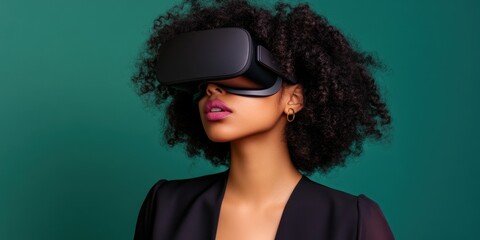 A woman wearing a black dress and a virtual reality headset. She is looking at the camera. Concept of excitement and adventure, as the woman is about to embark on a virtual journey