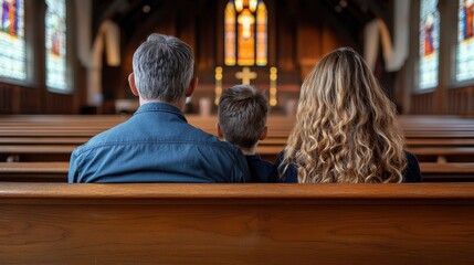 A family of three sits on a wooden bench in a church. The man is wearing a blue shirt and the woman has long hair. The child is sitting between them. The scene is peaceful and serene