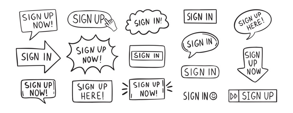 sign up text icon. Sign in doodle hand drawn icon set. Outline drawing line clipart symbol