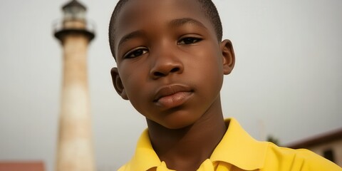 A young boy in a yellow shirt stands in front of a lighthouse. The boy's face is serious and he looks down at the camera