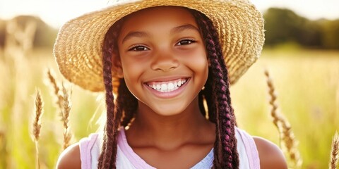A young girl with long hair and a straw hat is smiling. She is wearing a pink shirt and a white tank top